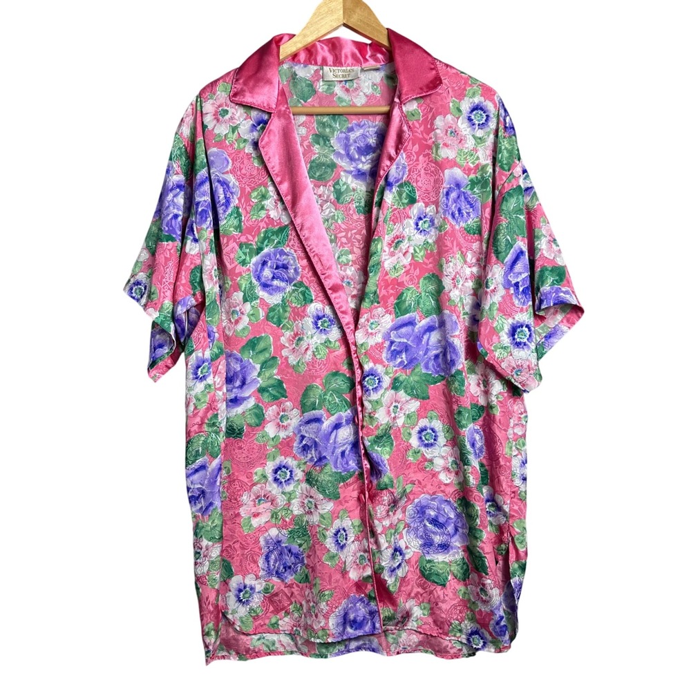 VICTORIAS SECRET GOLD LABEL Y2k Pink Floral Satin Button Up Pajama Top Shirt M L